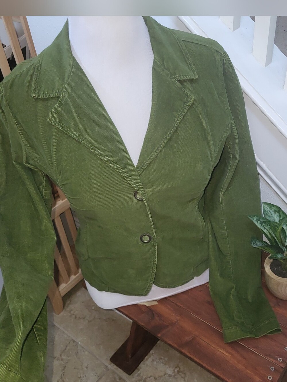 Green Corduroy Blazer Jacket - Women's Two-Button Tailored Coat Sz. Large Cotton